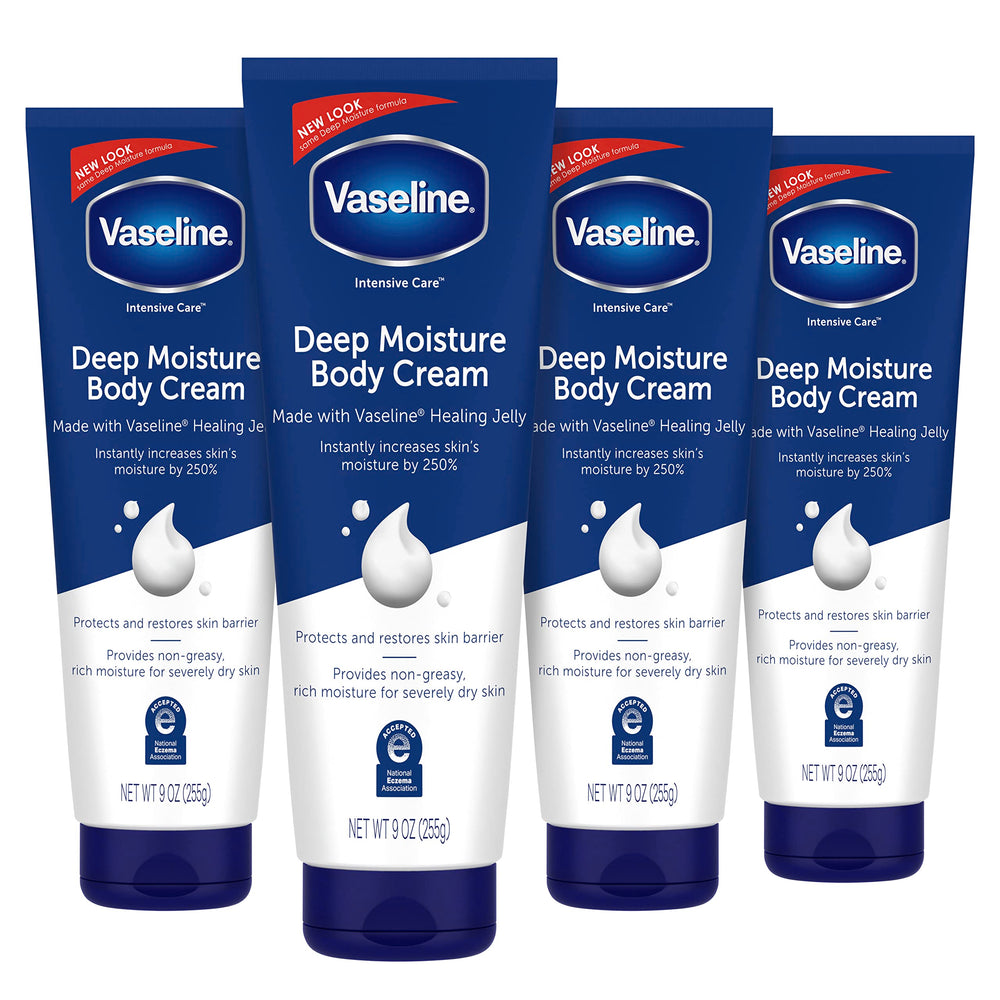 Vaseline front packaging showing four 9 oz tubs and product identity benefits