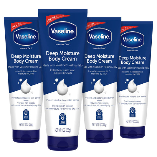 Vaseline front packaging showing four 9 oz tubs and product identity benefits