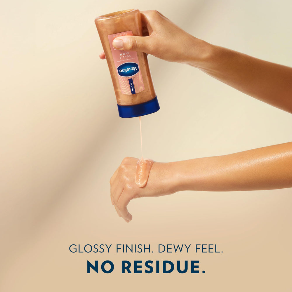 close-up of Vaseline gel texture highlighting cocoa butter and lightweight absorption benefit