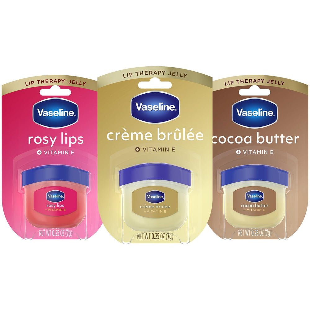 Vaseline 3-pack front packaging showing all three mini jars and benefits