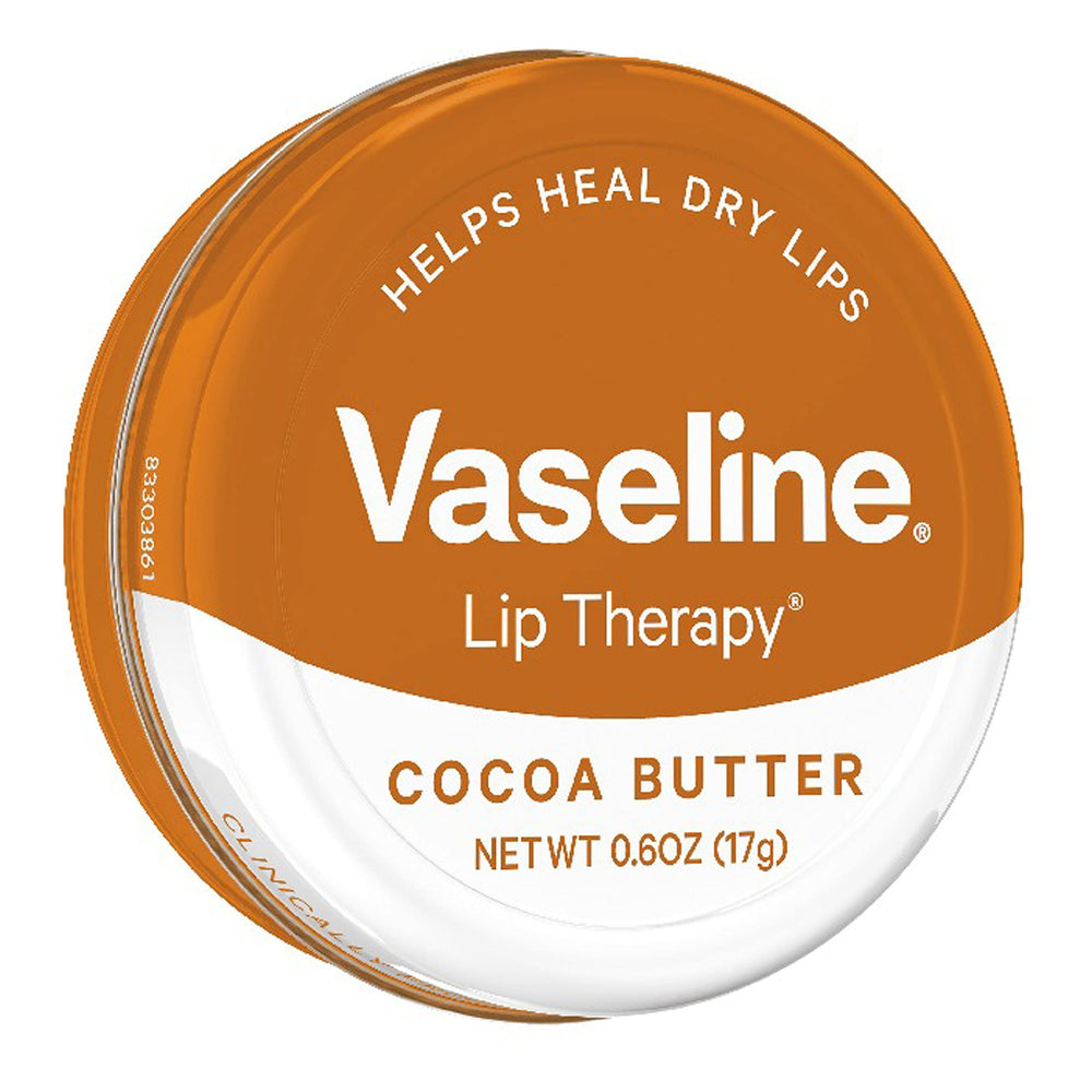 Vaseline Lip Therapy lid detail with clear logo highlighting durable tin and secure closure