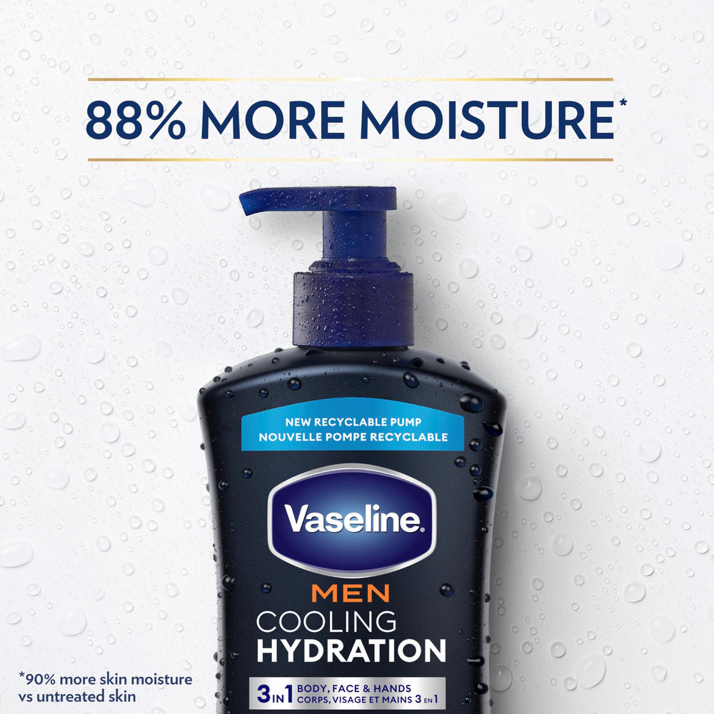Vaseline bottle beside a hand to show the 20.3 oz size and scale