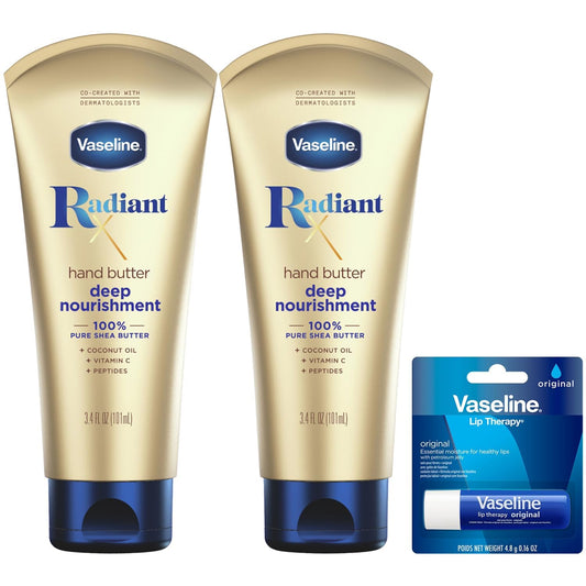 Vaseline Radiant X front packaging showing two hand butter tubs and lip stick, convenient bundle