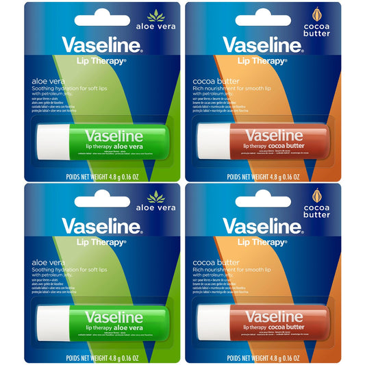 Vaseline front packaging showing four balm sticks and convenient variety