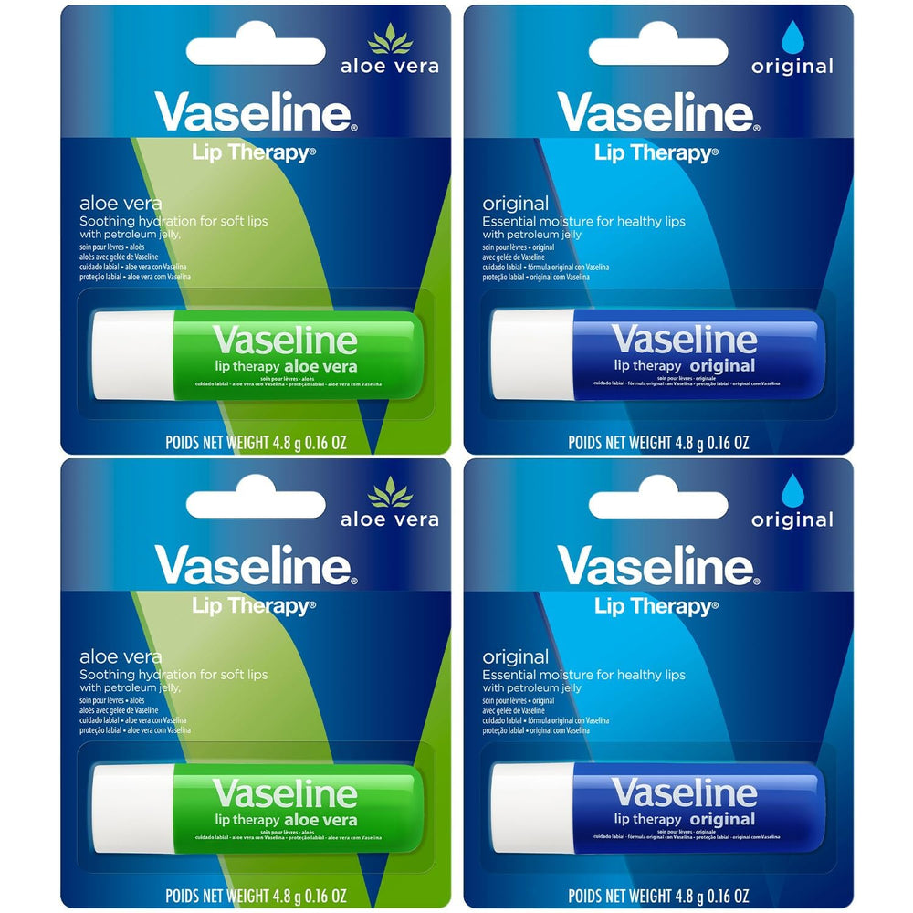 Vaseline variety pack front packaging showing two Original and two Aloe Vera sticks for convenience