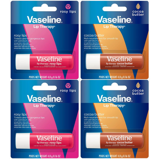 Vaseline variety pack front view showing four lip therapy sticks and benefits
