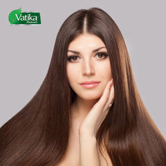 Vatika Naturals henna styled hair lifestyle shot showing frizz control benefit