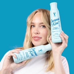 V&CO shampoo on bathroom shelf showing everyday styled routine