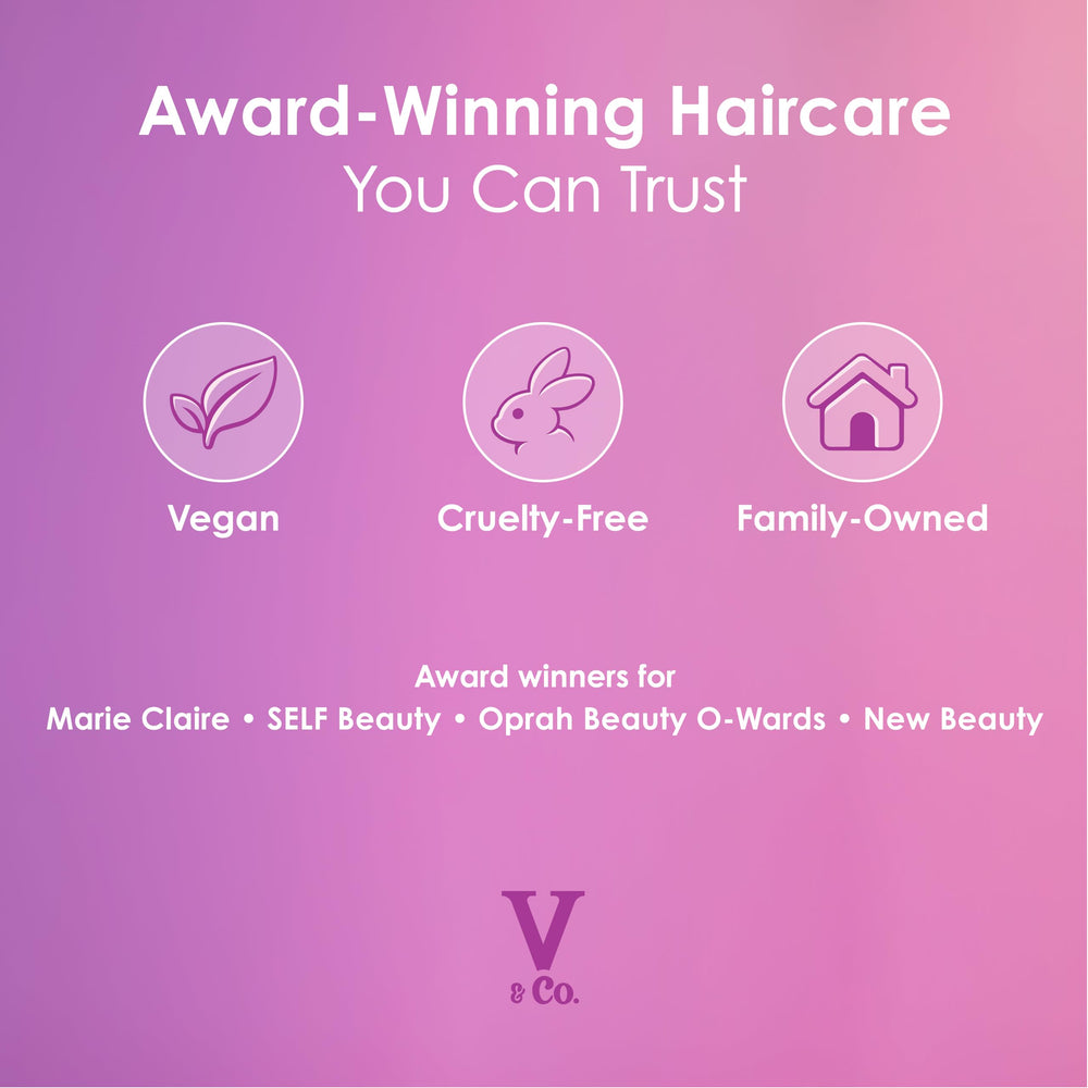 V&Co. shampoo pouring and foaming in palm, demonstrates gentle cleansing and lift