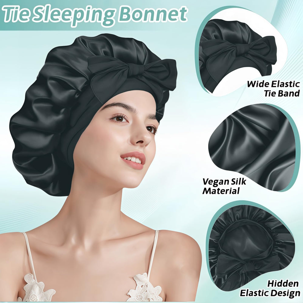 VECIIR bonnet on model sleeping preserving curls and reducing morning frizz