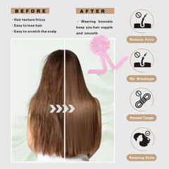 VECIIR bonnet on styled hair illustrating frizz prevention benefit