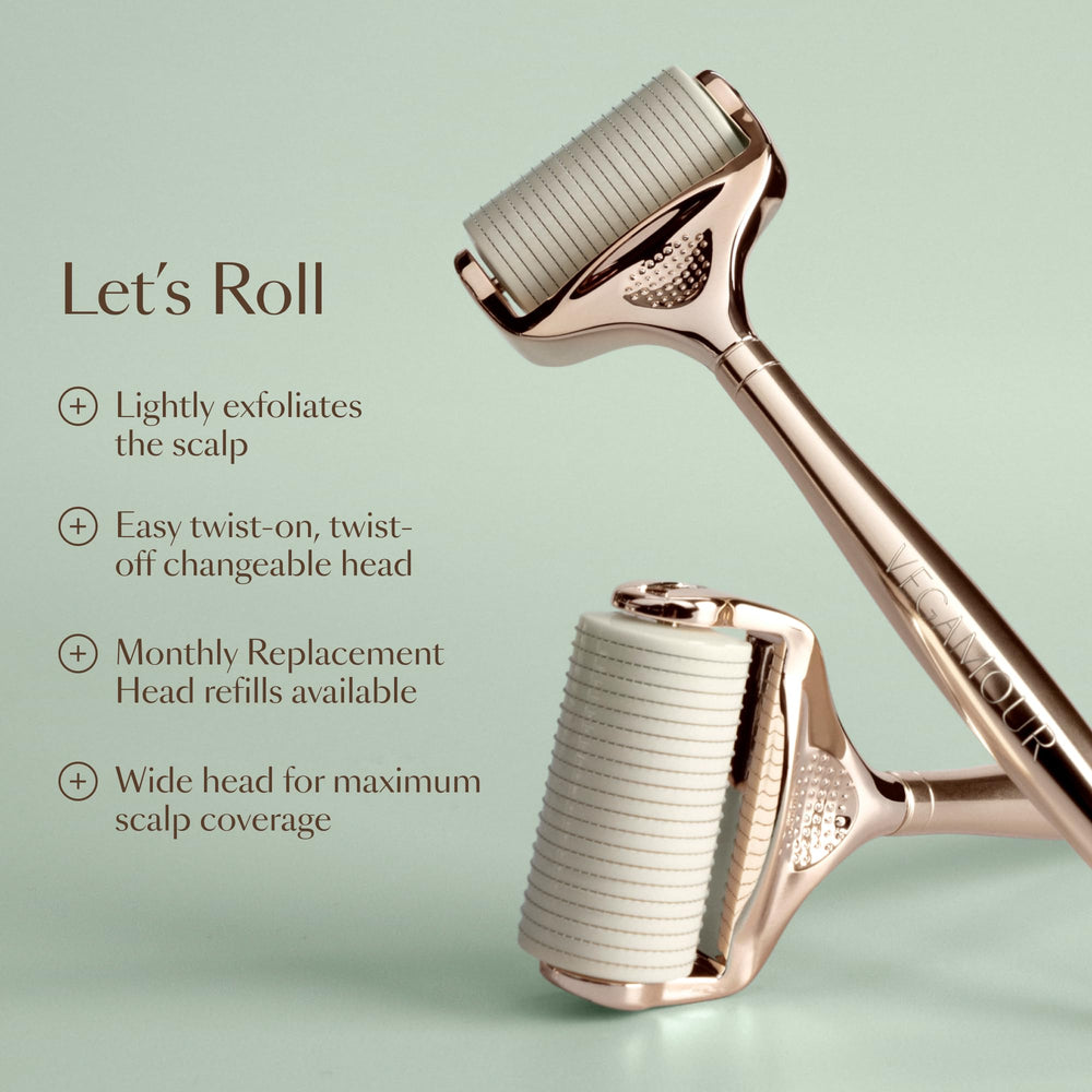 VEGAMOUR dermaroller held in hand demonstrating ergonomic grip for comfortable at-home use