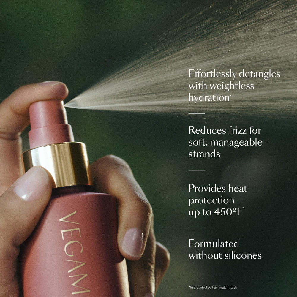 VEGAMOUR close-up of lightweight spray texture for smooth, non-greasy finish