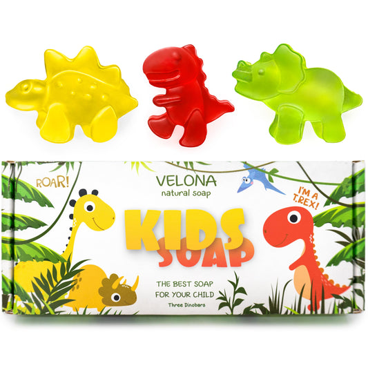 velona dinobar front packaging showcasing three colorful dinosaur soaps and gift-ready look