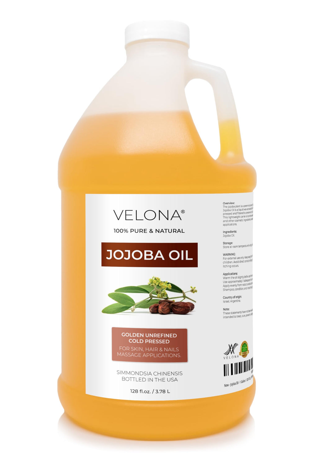 velona jojoba oil front label showing purity and gallon packaging for easy storage and use