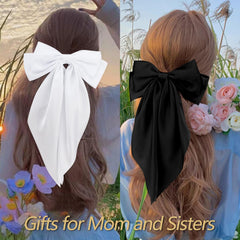 VELSCRUN bow clipped in hair half-up style giving a neat, feminine finish