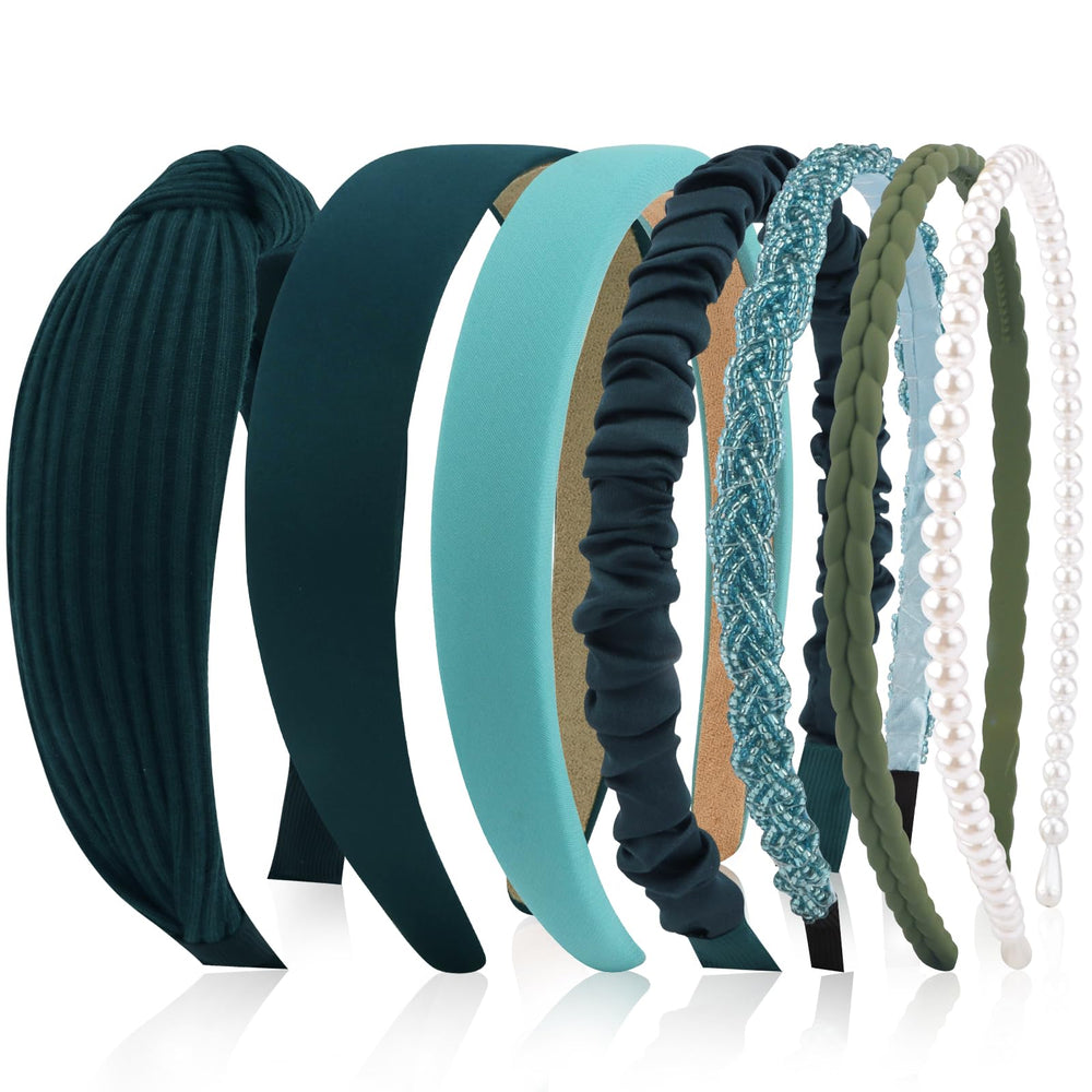VELSCRUN pack front view showing seven forest green headbands with styling options