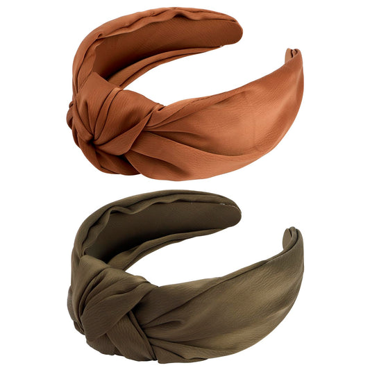 VELSCRUN front view of the two brown satin knotted headbands showing polished finish and fit