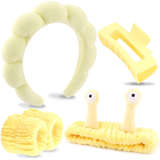VELSCRUN front view of yellow spa headband set showing complete kit benefits