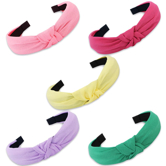 VELSCRUN front view of five colourful knot headbands, stylish and handy
