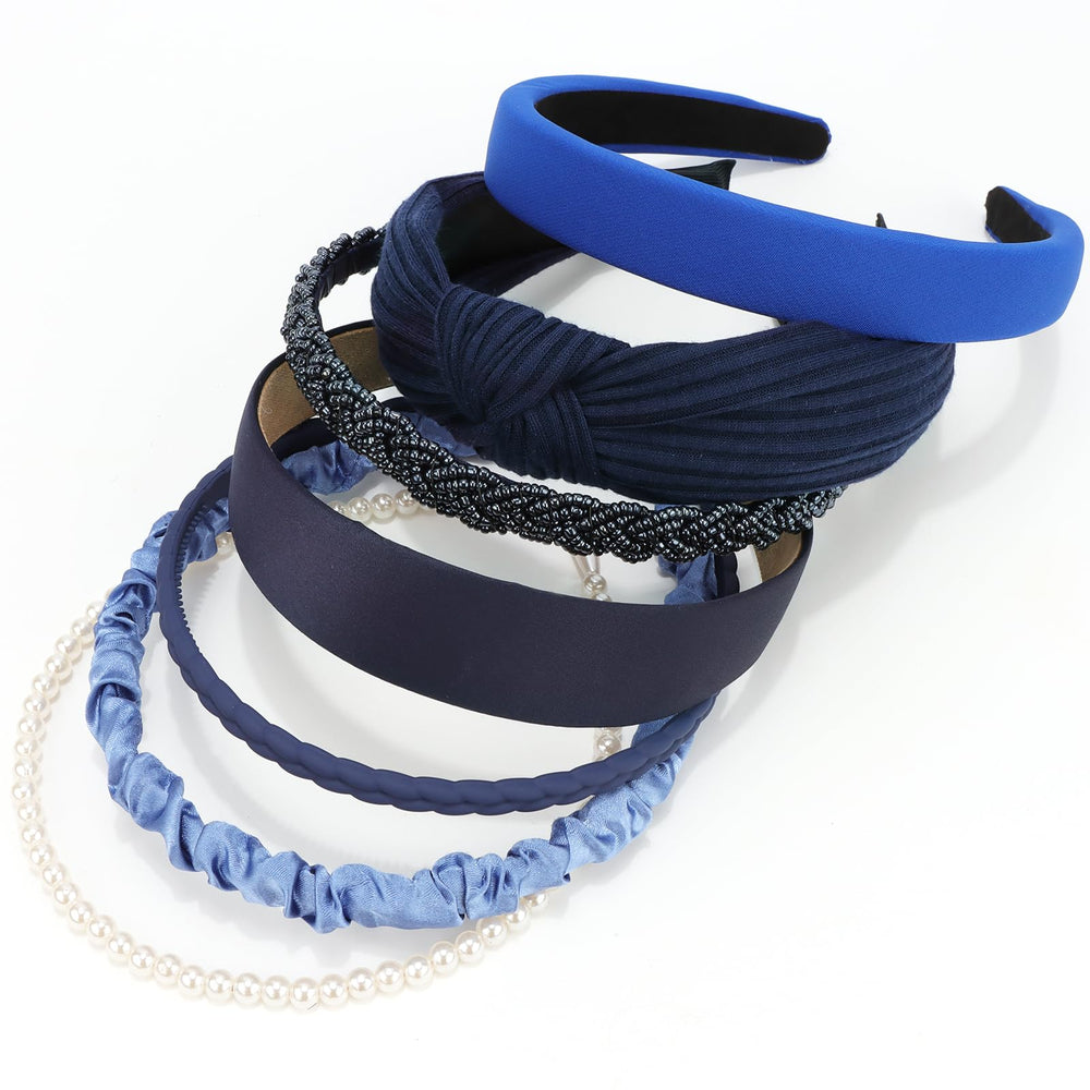 VELSCRUN front view of seven navy headbands showing variety and wearability