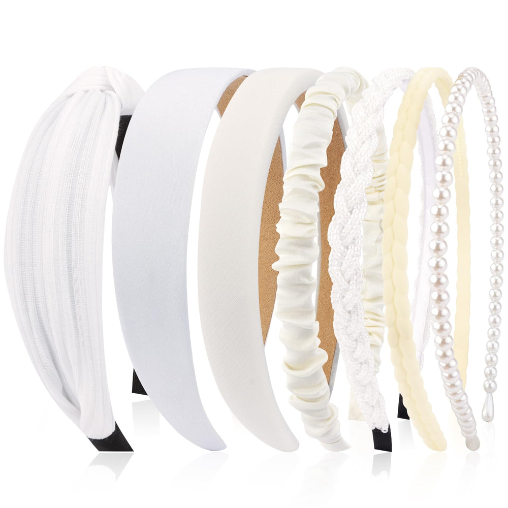 VELSCRUN front view of seven white headbands showing assortment and neat packaging benefit