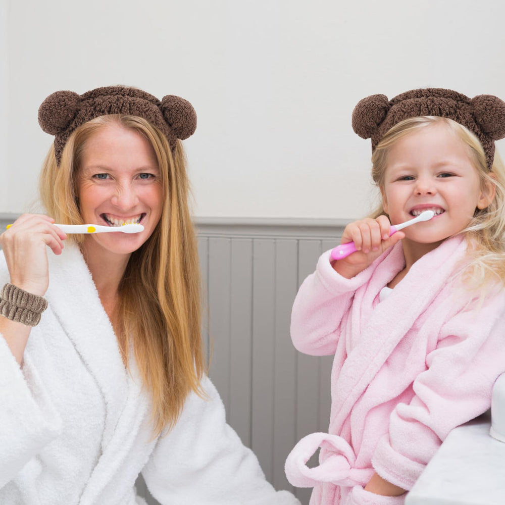 VELSCRUN headband in bathroom setting styled for spa and mask routines