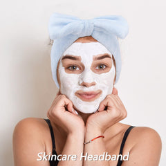 VELSCRUN headband worn on model keeping hair back during skincare routine