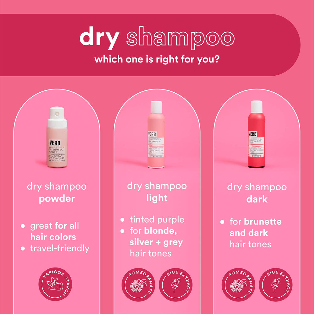 VERB dry shampoo dark powder texture close-up highlighting oil-absorbing rice starch