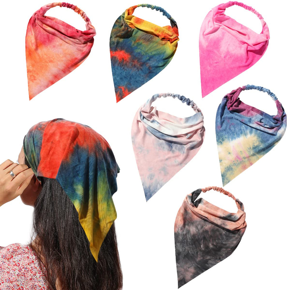 Vercret front view of six-pack tie dye scarves shows color variety and ready-to-wear convenience