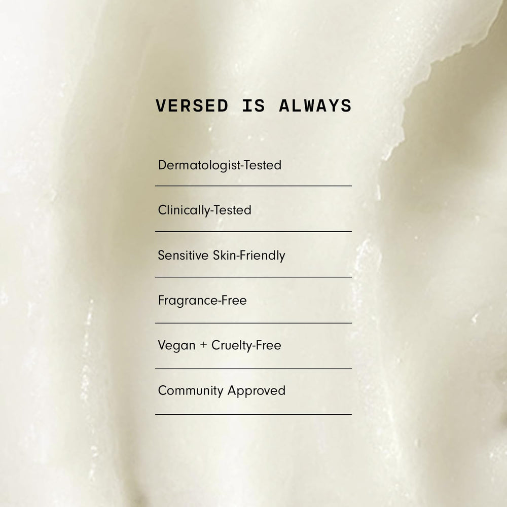 Versed back label close-up with directions and safety details benefit