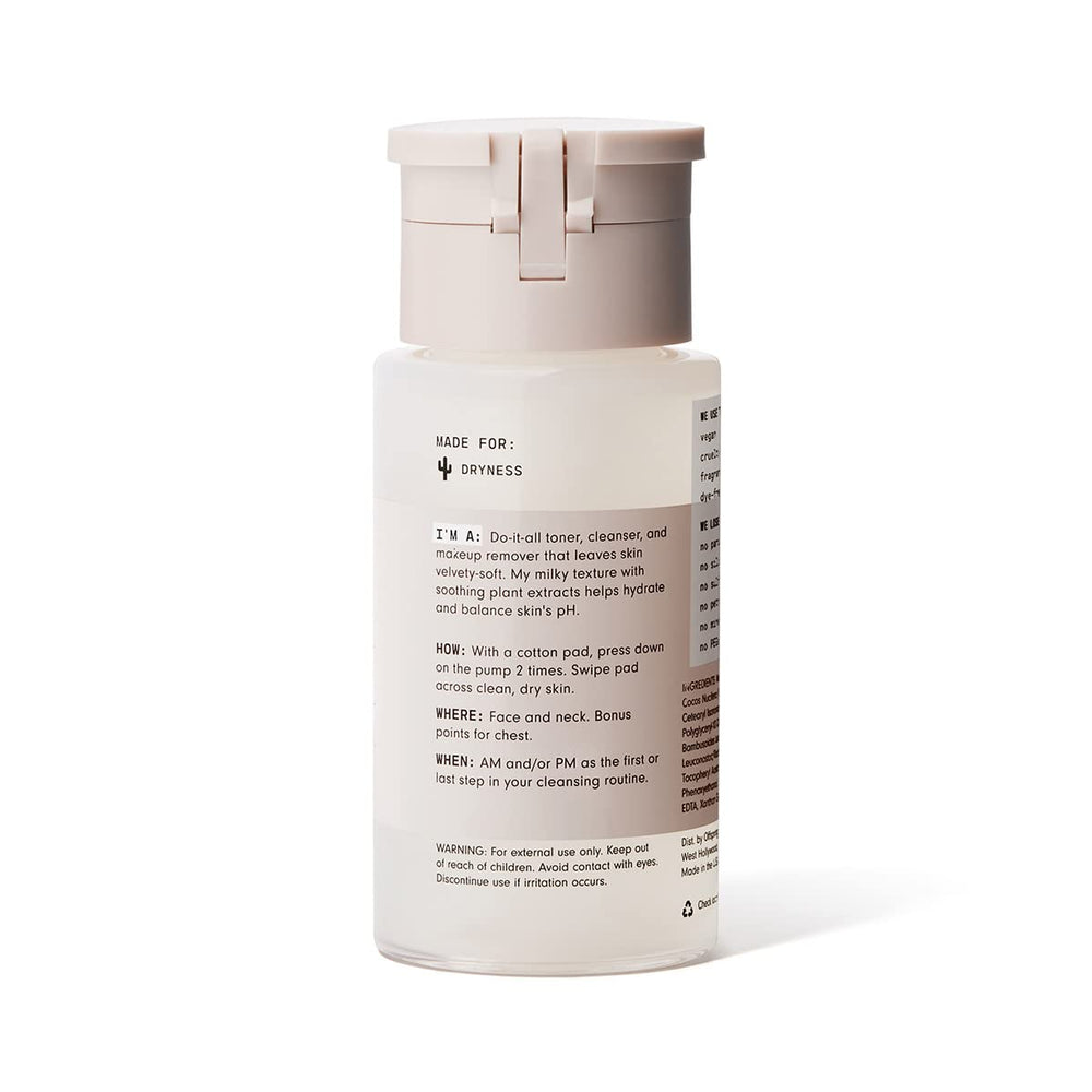 Versed milky toner texture poured from bottle highlighting lightweight hydration