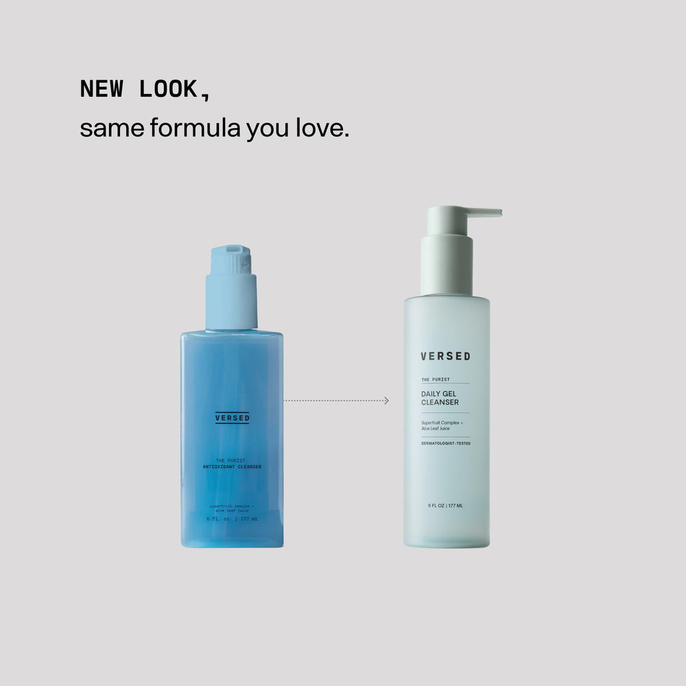 Versed Purist gel texture on hand highlighting gentle lather and moisturizing feel benefit