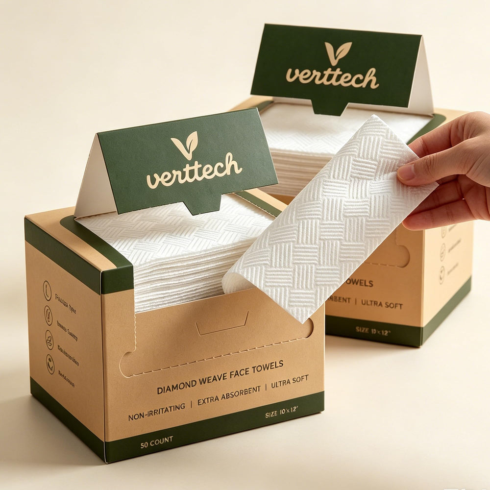 verttech front packaging showing pack of 100 towels and product name for easy storage
