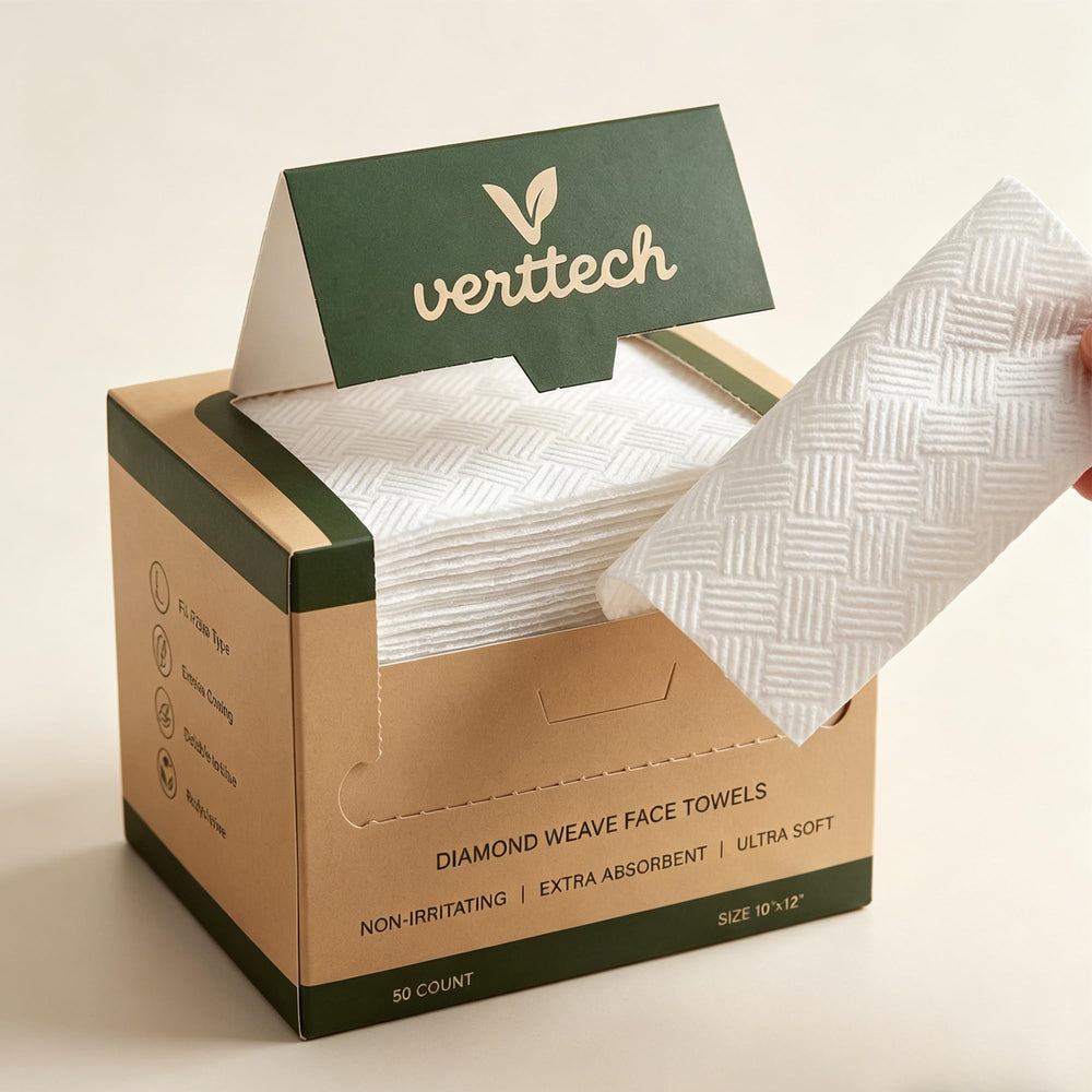 verttech label close-up showing plant-based, fragrance-free fibers for sensitive skin