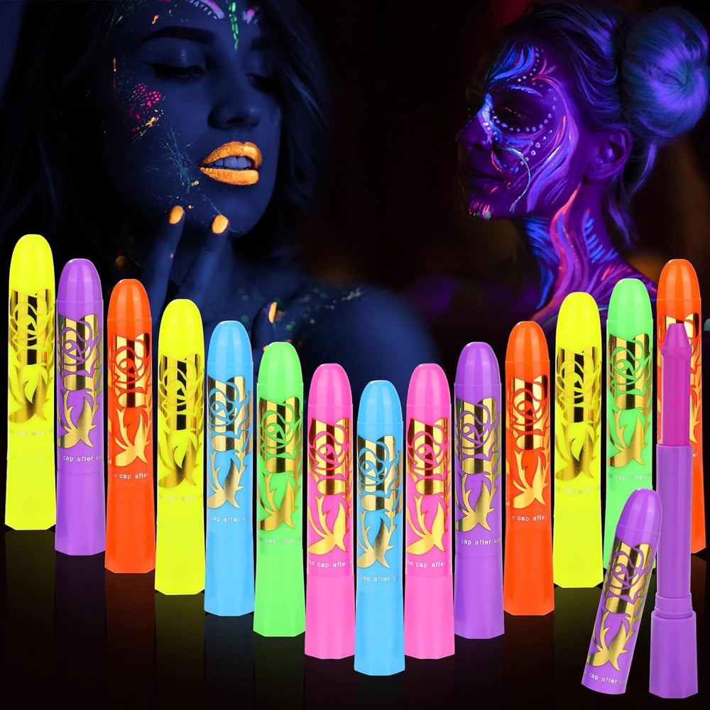 VESPRO front packaging showing 15 neon face paint sticks and included colors, easy selection benefit