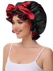 Vettres bonnet on curly hair in lifestyle scene protecting curls overnight