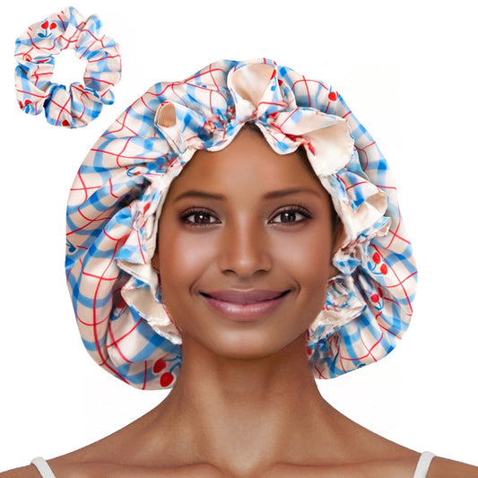 Vettres bonnet front view showing blue-cherry print and secure fit benefit
