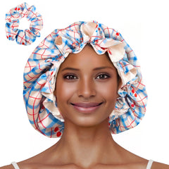 Vettres bonnet front view showing blue-cherry print and secure fit benefit