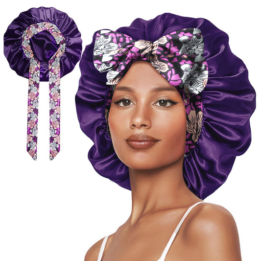 Vettres bonnet front view showing purple flower pattern and comfortable coverage