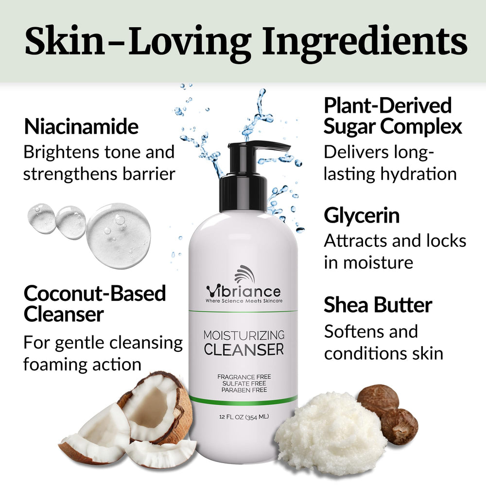 Vibriance ingredient label close-up highlighting niacinamide and shea butter benefits