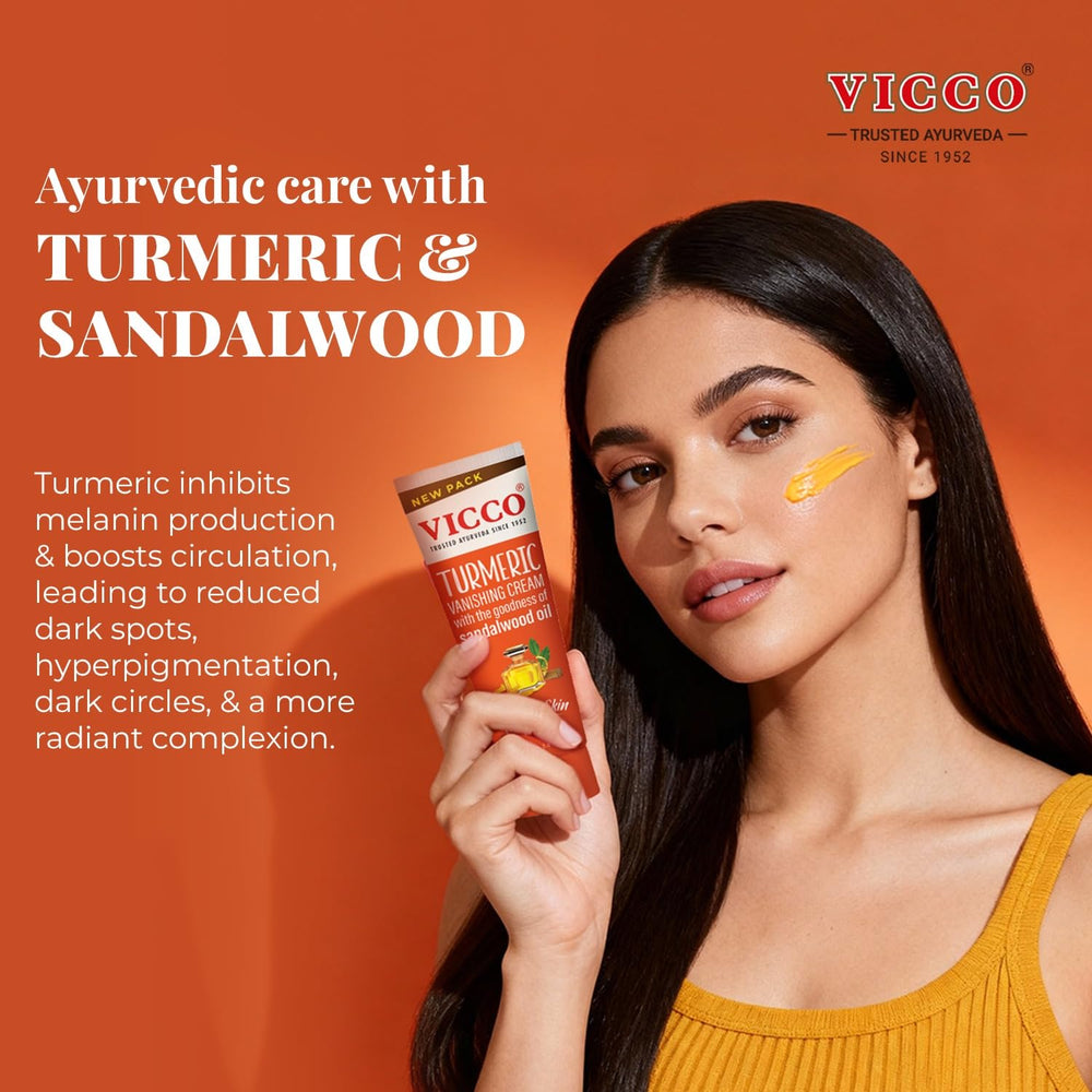 Vicco turmeric root and sandalwood pieces beside tube illustrating natural ingredients