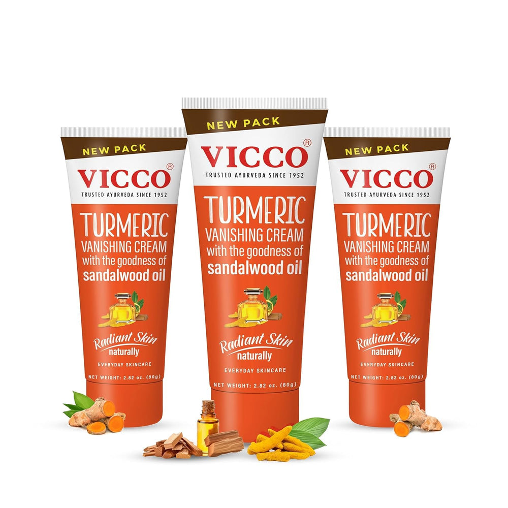 Vicco front packaging showing three-pack tubes and natural branding for convenient use