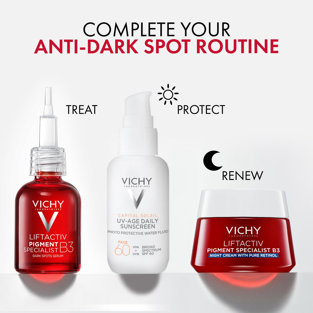 Vichy serum beside sunscreen illustrating morning protection pairing