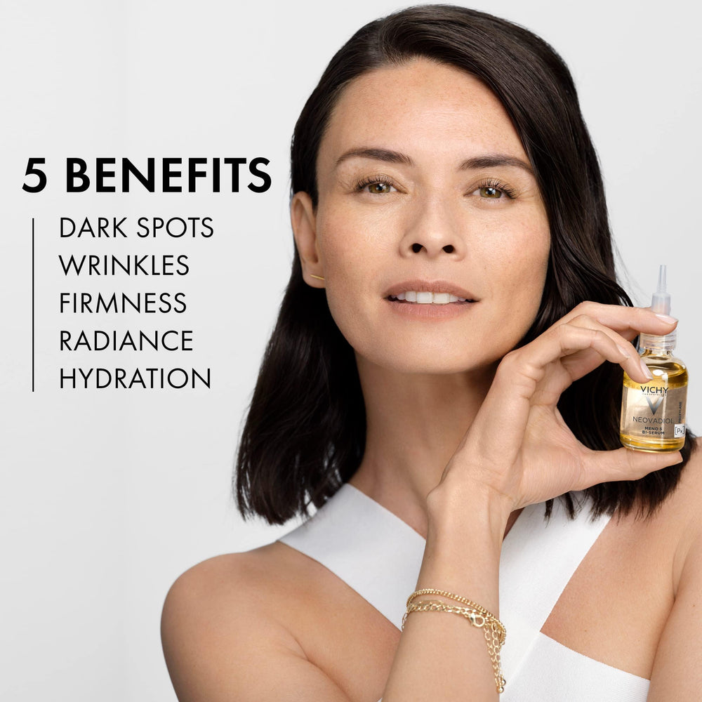 Vichy pipette dispensing a drop of serum, showcasing targeted hydration benefit