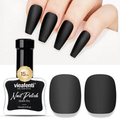 vieafenti bottle front showing matte black polish and elegant label for quick application