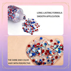 Vienflona close-up holographic flakes showing red white blue sparkle for camera-ready shine