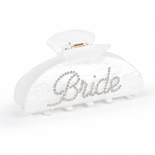 Vigorpace front view of clip showing rhinestone Bride lettering and elegant shine