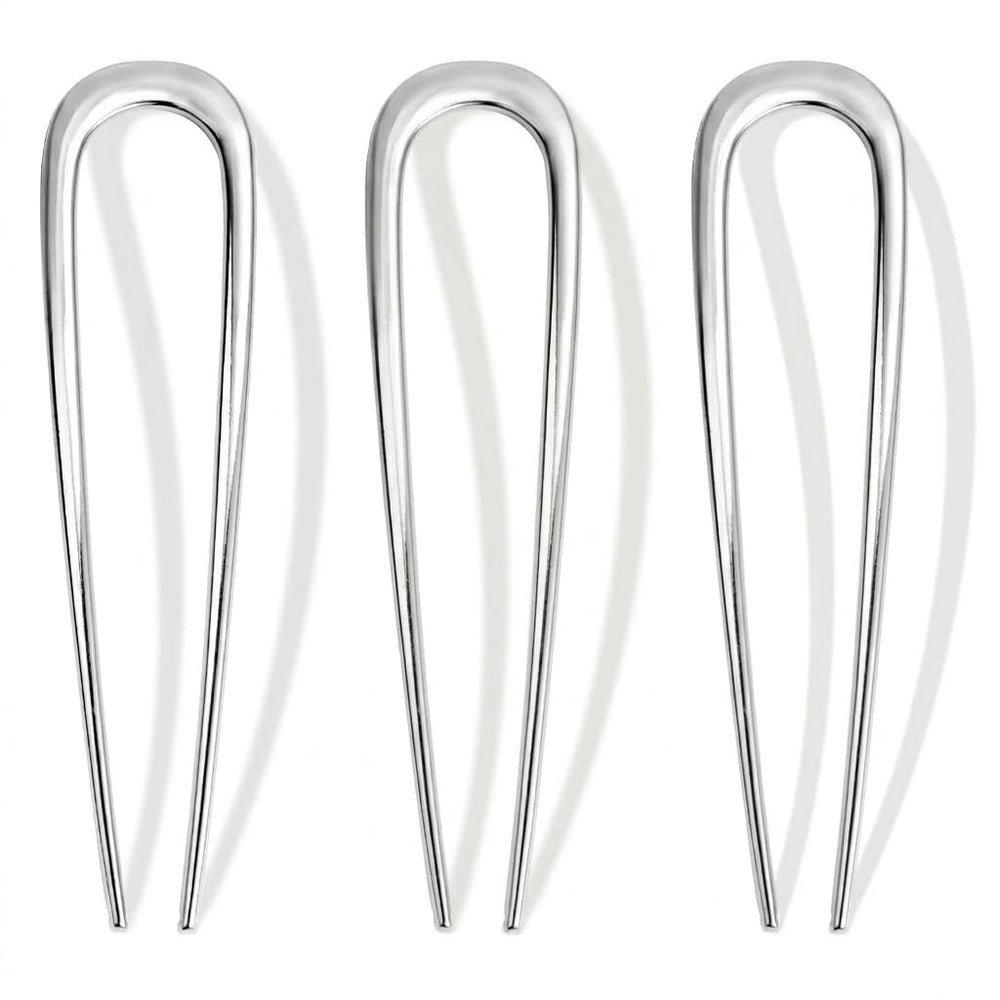 Vigorpace front view of three silver U-shaped pins showing elegant packaging and readiness