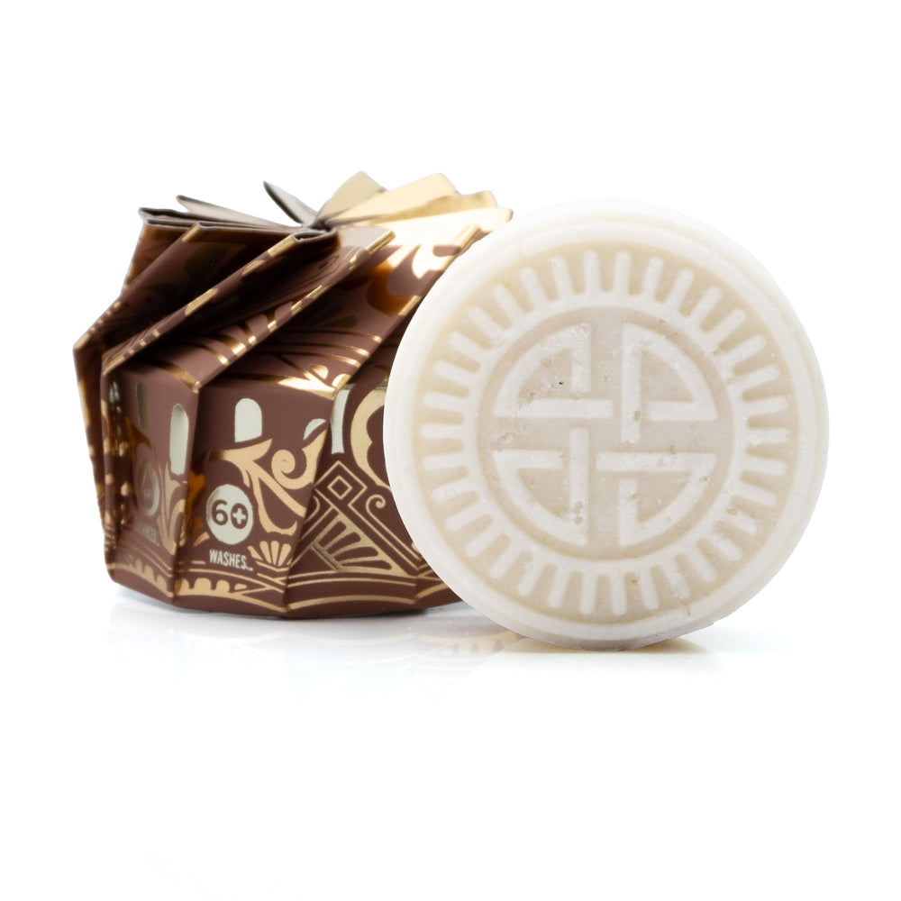 Viori Hamish & Co. front packaging showing solid shampoo bar and benefits